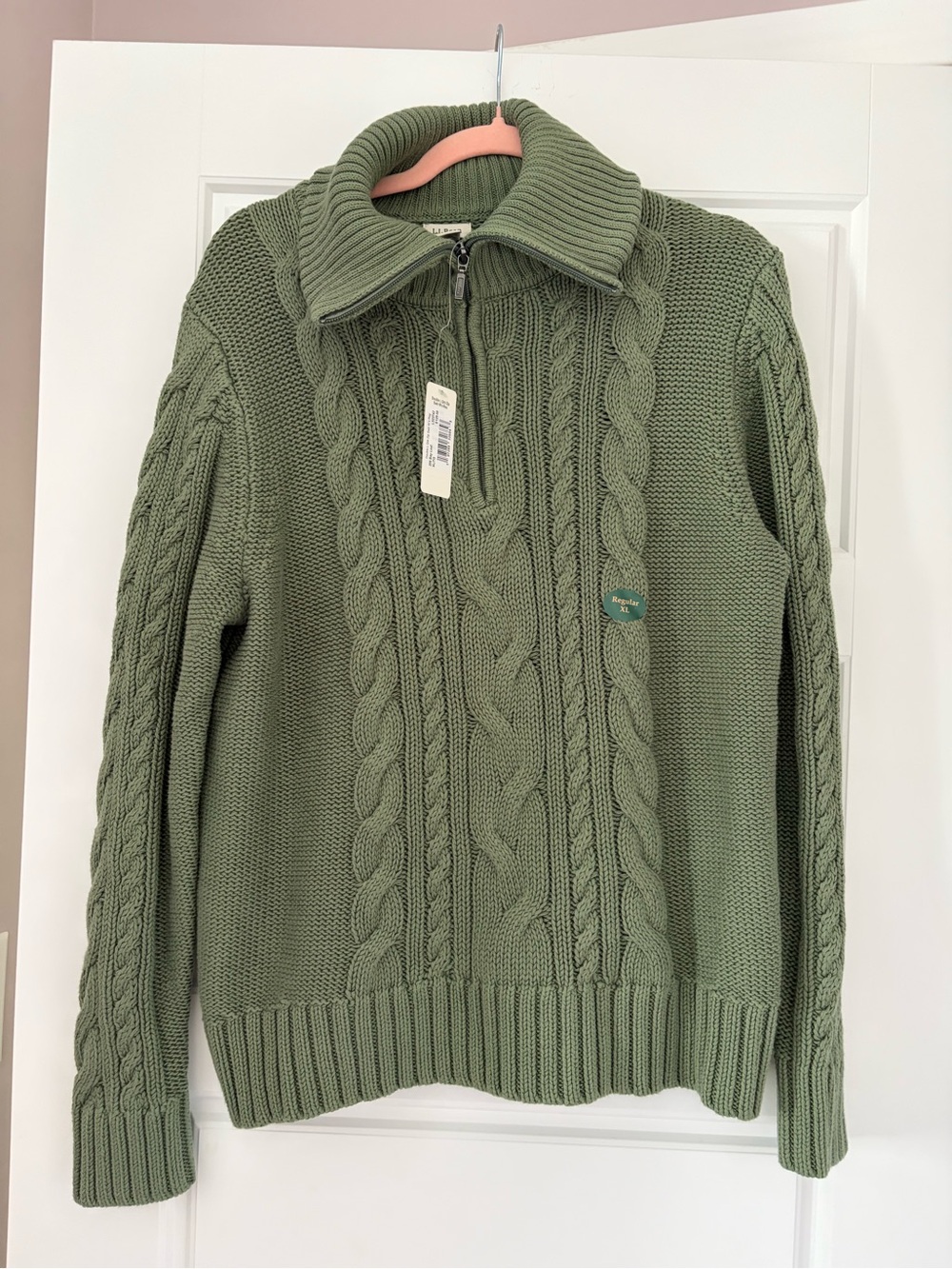L.L. Bean Olive Green Cable-Knit Half-Zip Sweater